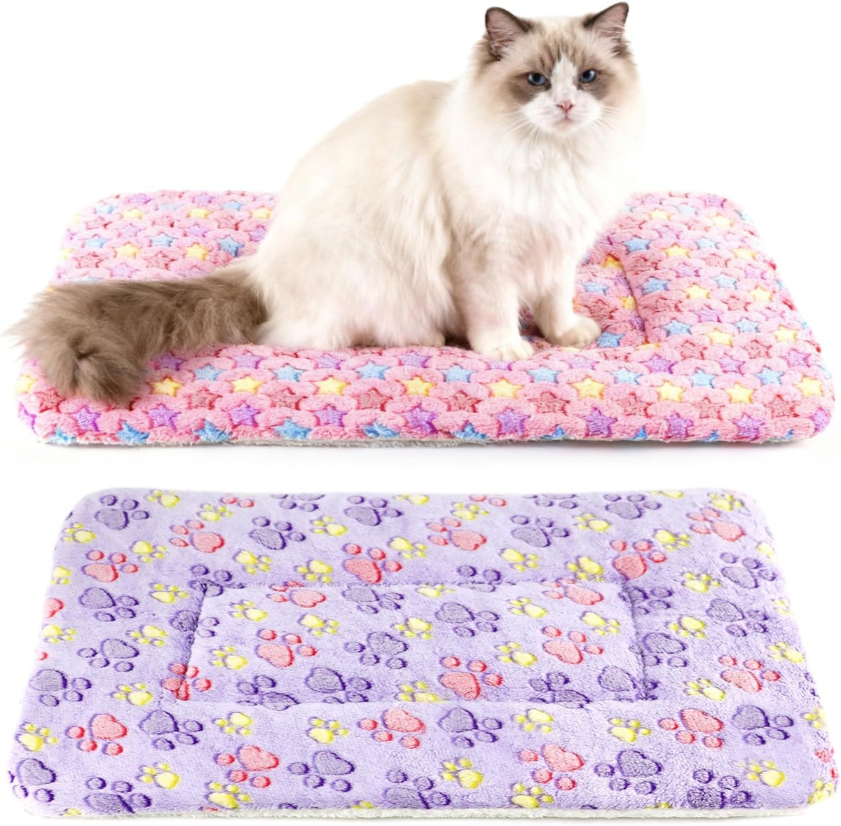 Folded stack of two machine washable HeNdShe flannel blankets for small pets.