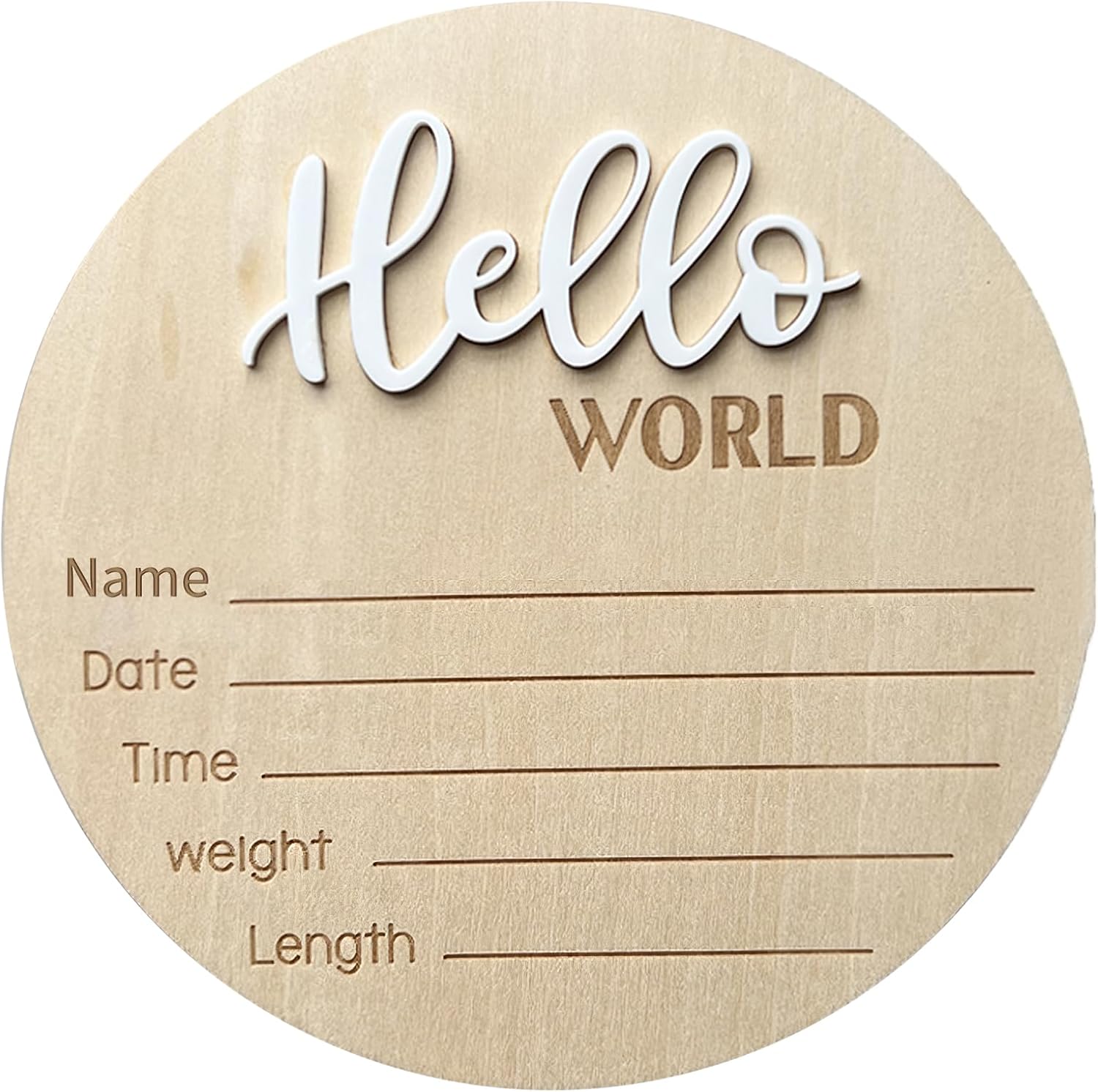 Ycfish baby announcement sign front view showcasing the white hello world text layout.
