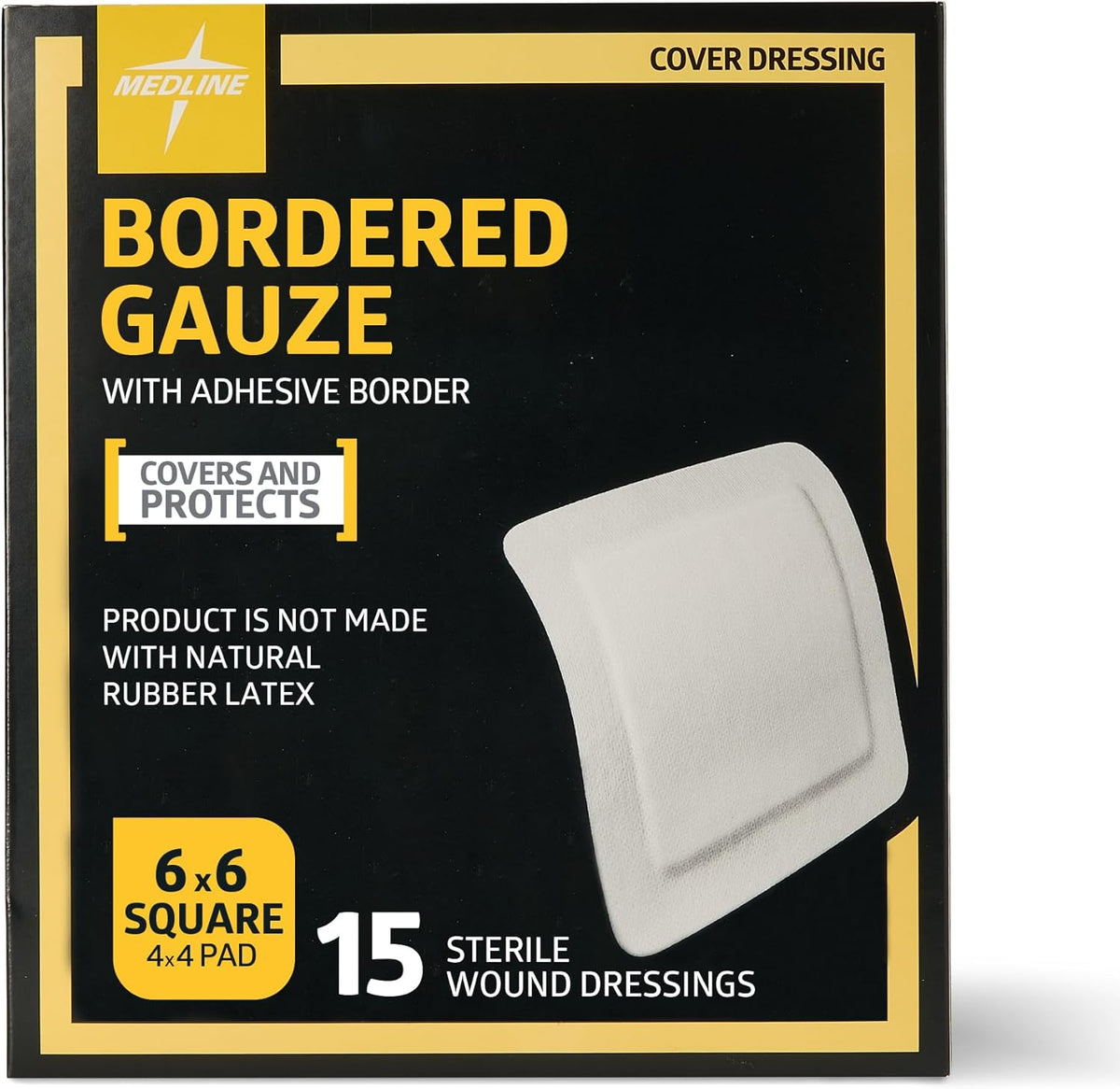 Medline Bordered Gauze Adhesive Island Wound Dressing front view showing packaging box