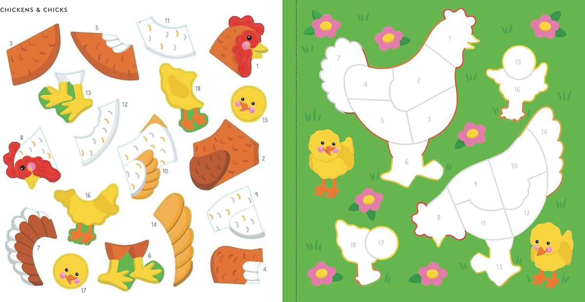 Child engaging with farm animals sticker workbook