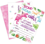 WERNNSAI pink dinosaur party invitations set front view showing watercolor T-Rex design