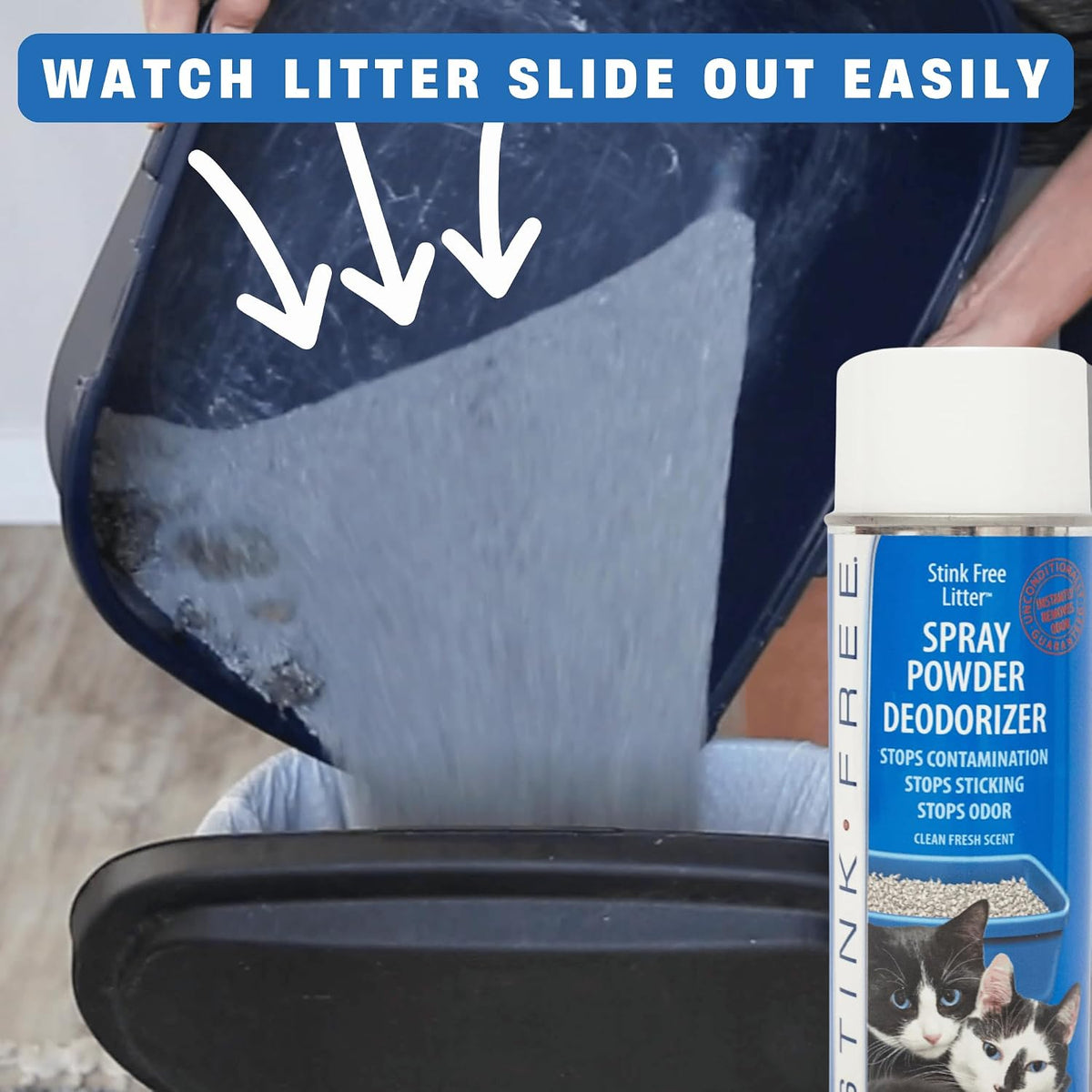 Stink Free pet safe non toxic cat litter deodorizer cans side angle view