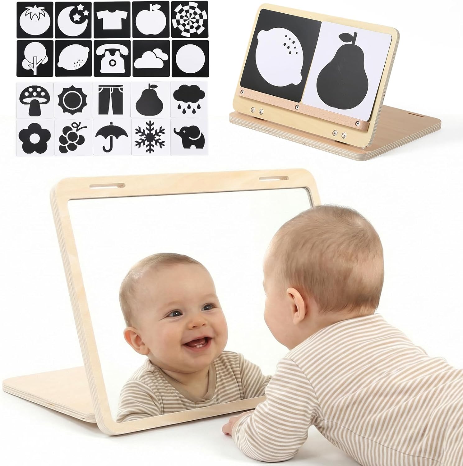 IEATFO Tummy Time Play Set front view showing the large adjustable baby safe mirror on a playmat.