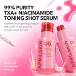 APRILSKIN Tranexamic Acid skincare kit components showing textures of the spicule serum and pink milky toner