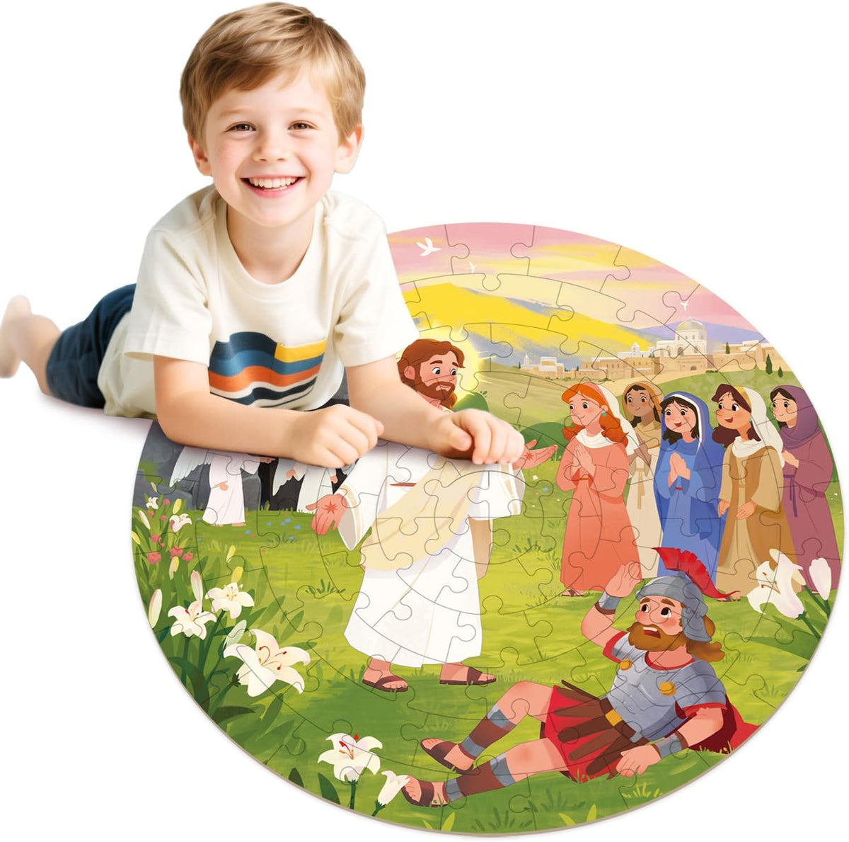 MoinKidz Wooden Easter Floor Puzzle front view showing round 70 piece Resurrection scene