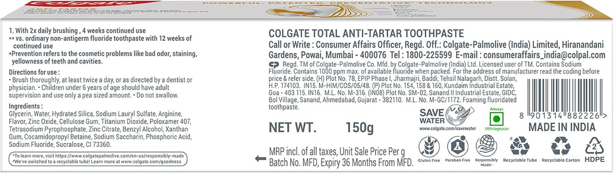 Colgate Total Anti-Tartar Toothpaste | Anti-Germ Tooth Paste | Colgate Paste Toothpaste with 1.5X Better Tartar Reduction (150gm) - Image 9