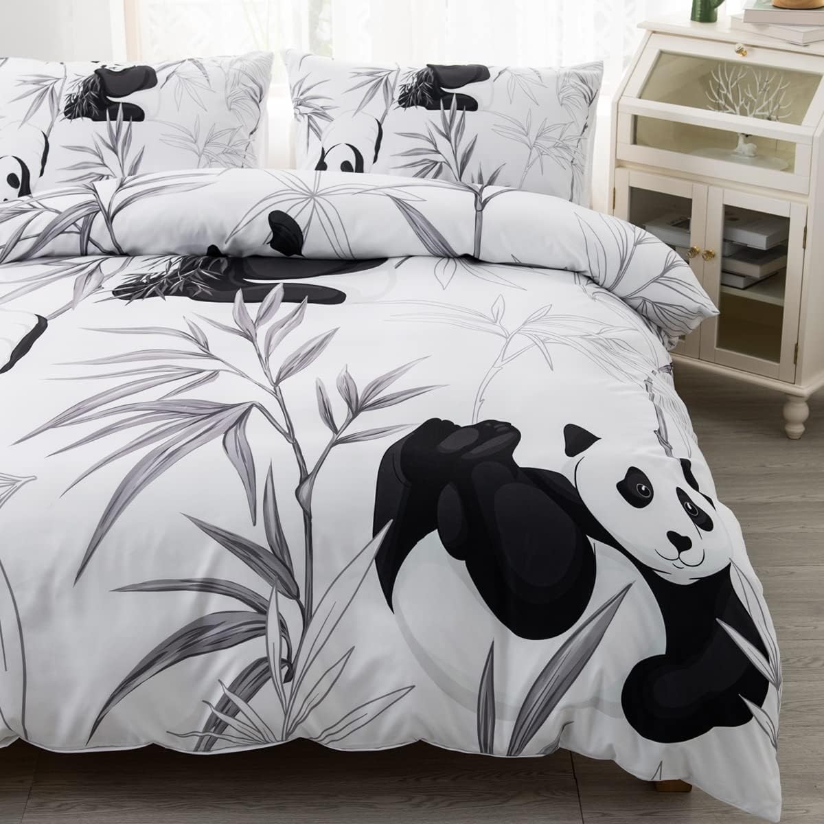 CVHOUSE panda bedding set king size front view displaying cartoon animal print on a made bed