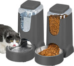 WyfKyd automatic cat feeder and water dispenser set front view showing gray base and transparent reservoirs.