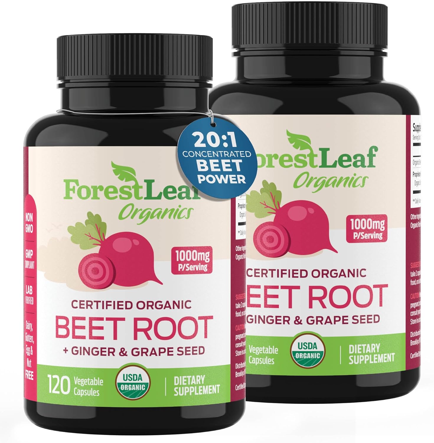 ForestLeaf Organic Beet Root Capsules - with Ginger & Grape Seed 16000mg Strength 20:1 Extract, Supports Nitric Oxide Production, Beets Supplements with Non-GMO Organic Beetroot Powder, 240 Veggi Caps - Image 1