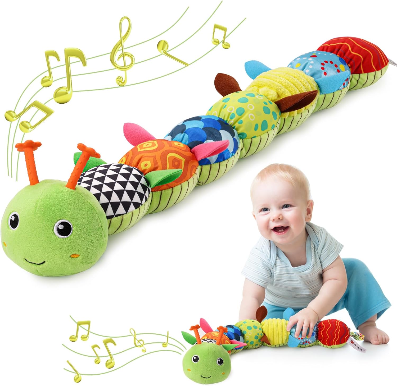 AWOTOY baby musical caterpillar plush toy front view showing green sensory segments.