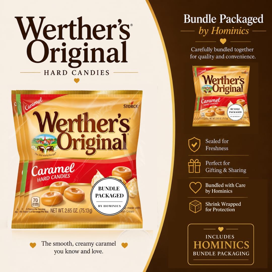 Authentic USA imported Werthers caramel assortment bags close up overview.