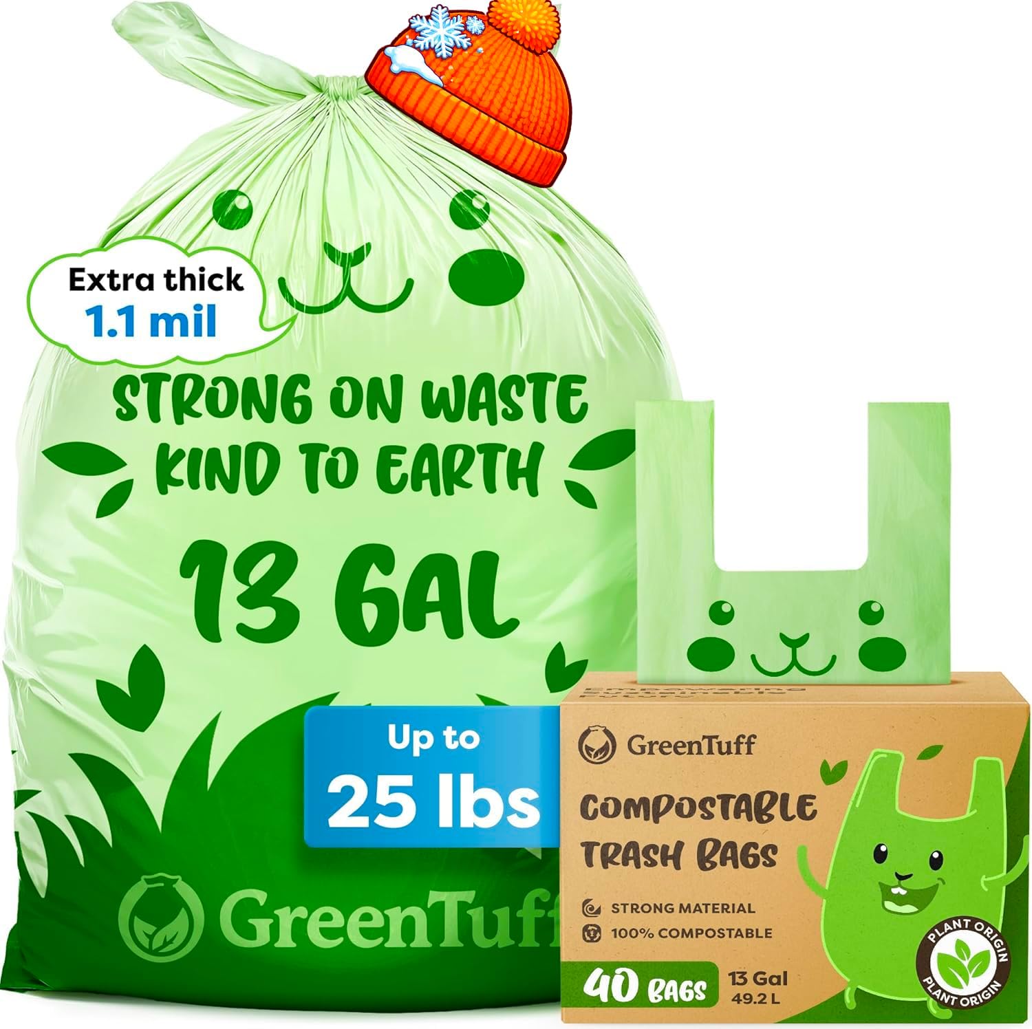 GreenTuff 13 Gallon Compostable Trash Bags box front view featuring premium plant-based heavy duty kitchen liners.