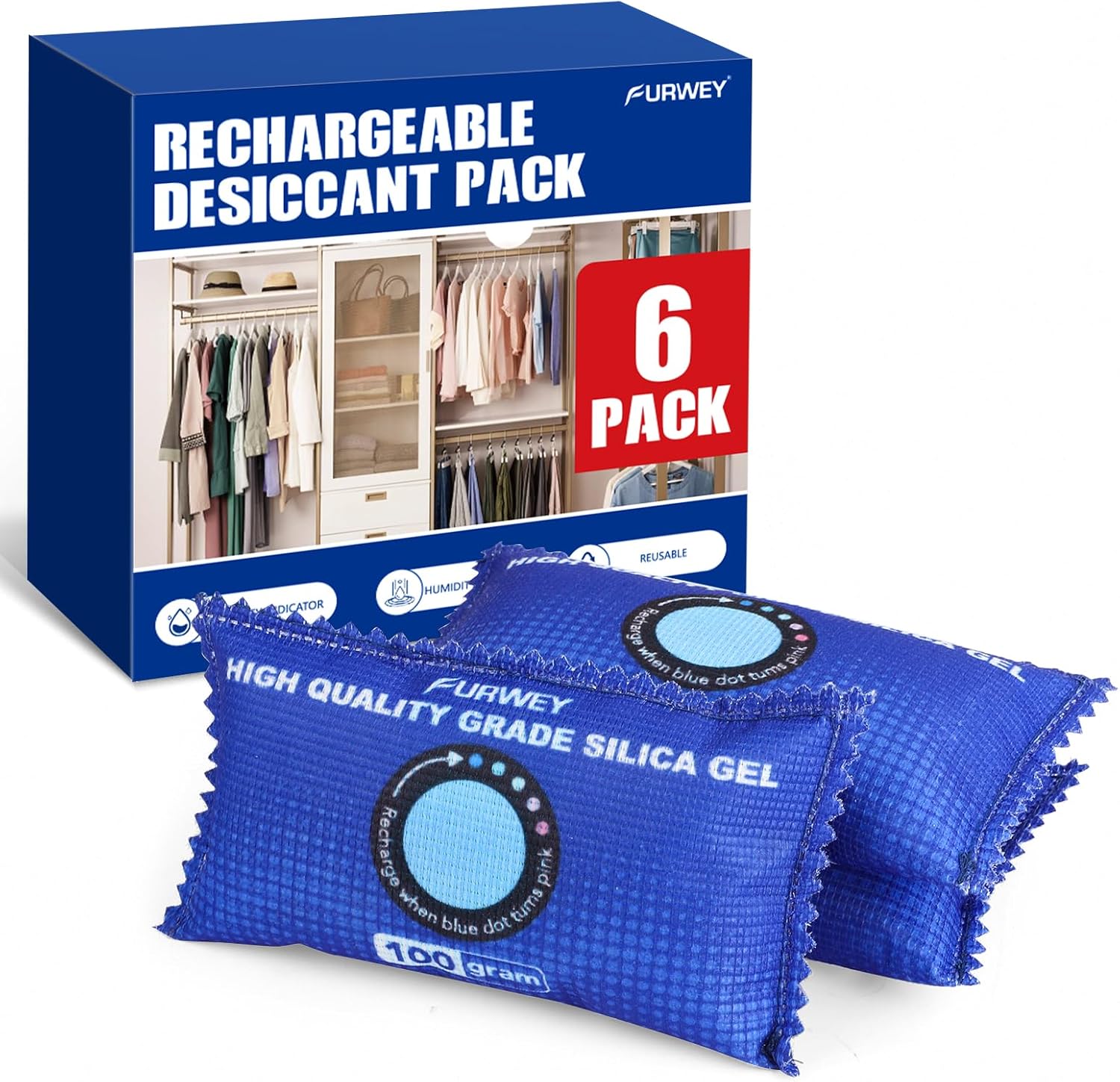 FURWEY rechargeable desiccant packs 6 pack front view moisture absorber
