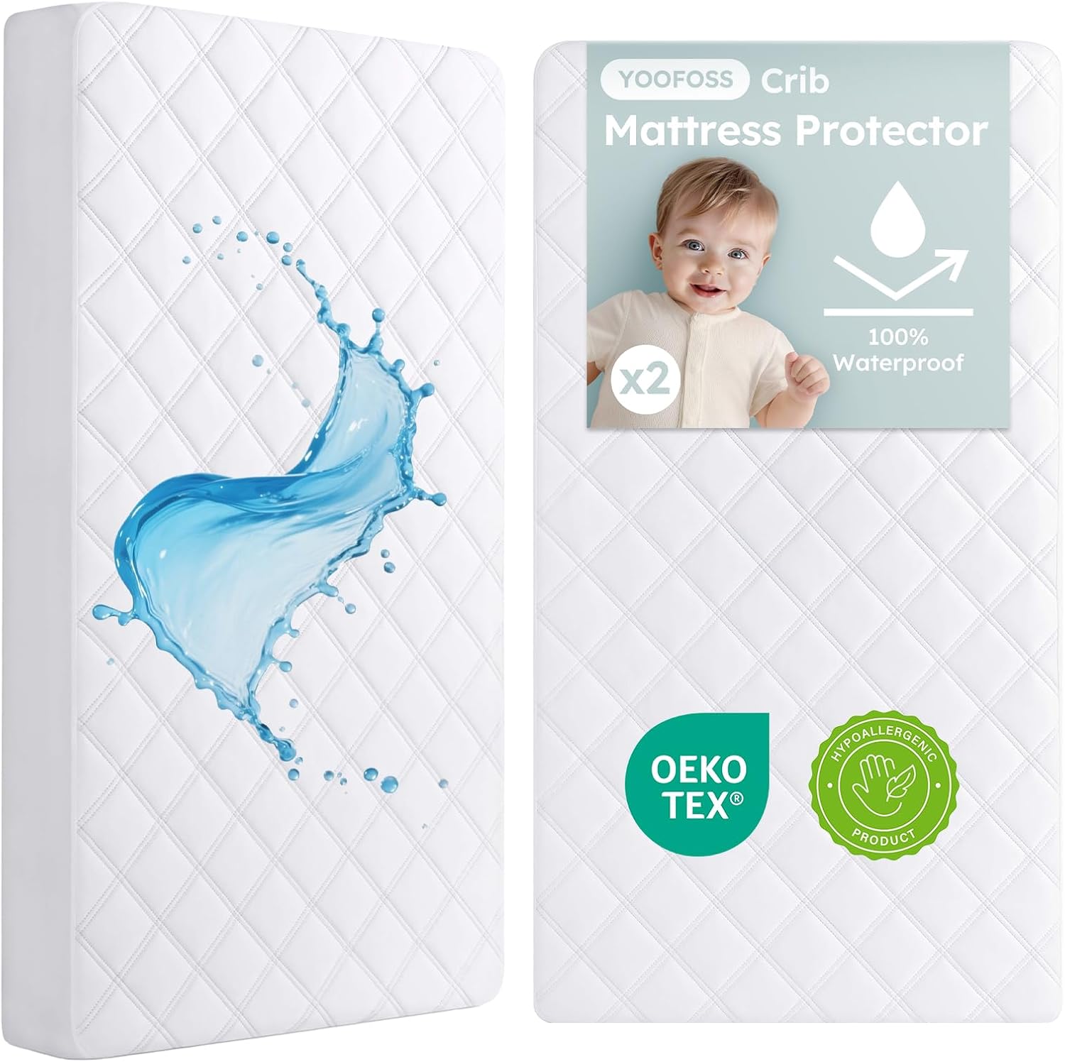 Yoofoss Waterproof Crib Mattress Protector 2 Pack front view showcasing the white quilted fabric texture.