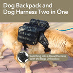 Side view of large breed dog carrying gear in the dual-sided hiking bags