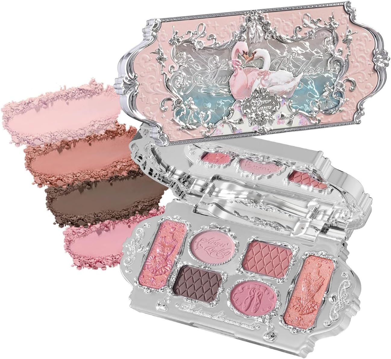 Flower Knows Swan Ballet Six Color Makeup Palette front view featuring the intricate silver case