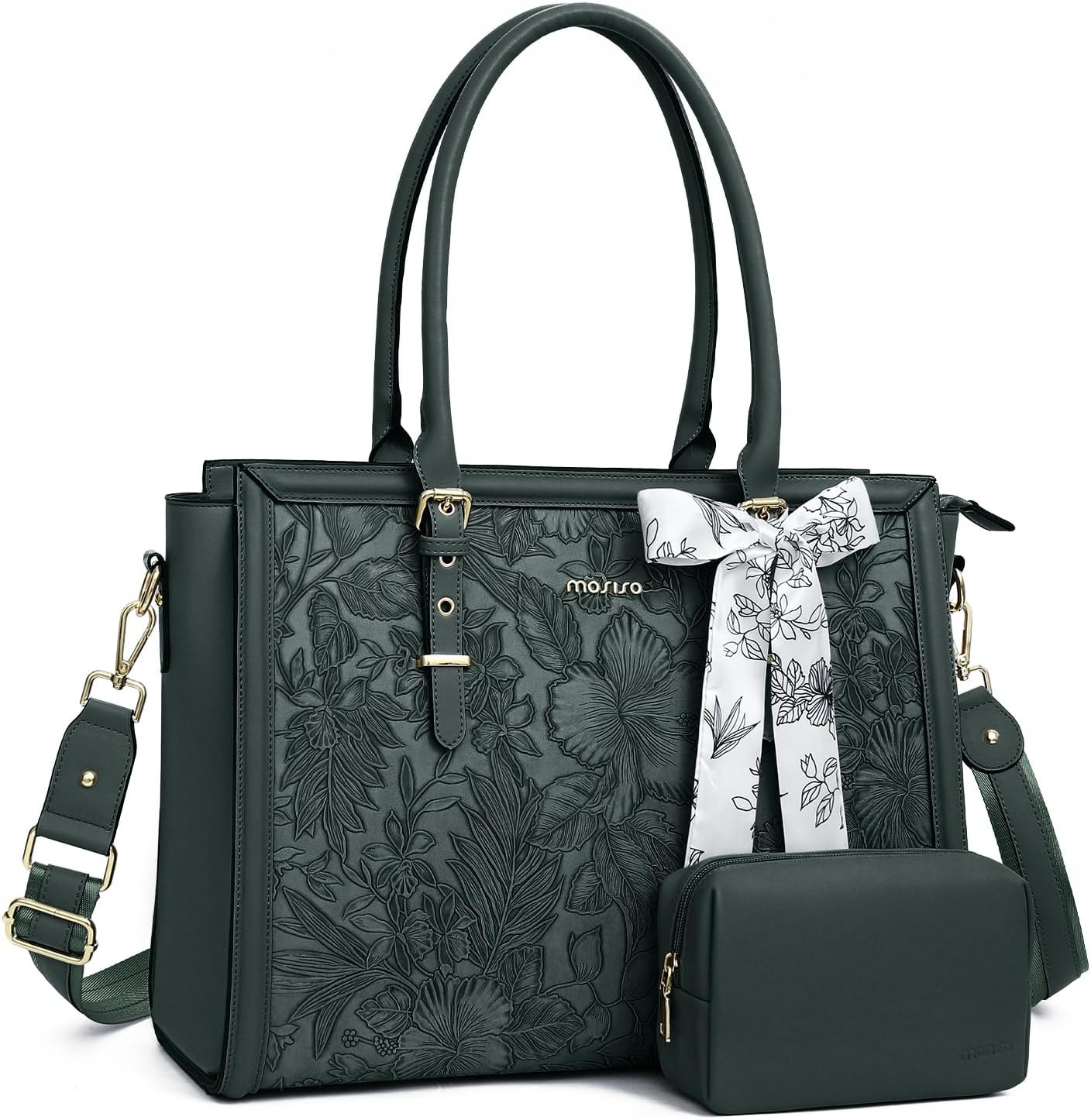 MOSISO laptop bag for women front view showcasing the embossed retro hibiscus floral pattern in dark emerald green