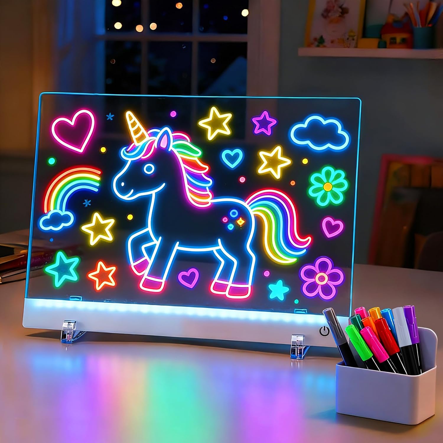 Biggun light up led drawing board for kids front view showing illuminated neon unicorn drawing