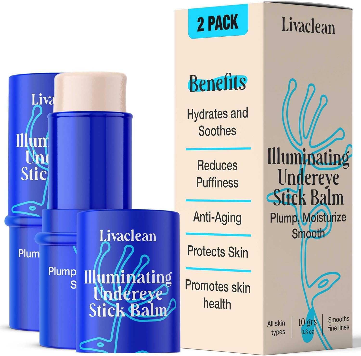 LivaClean Illuminating Under Eye Balm Stick front view of 2-pack packaging