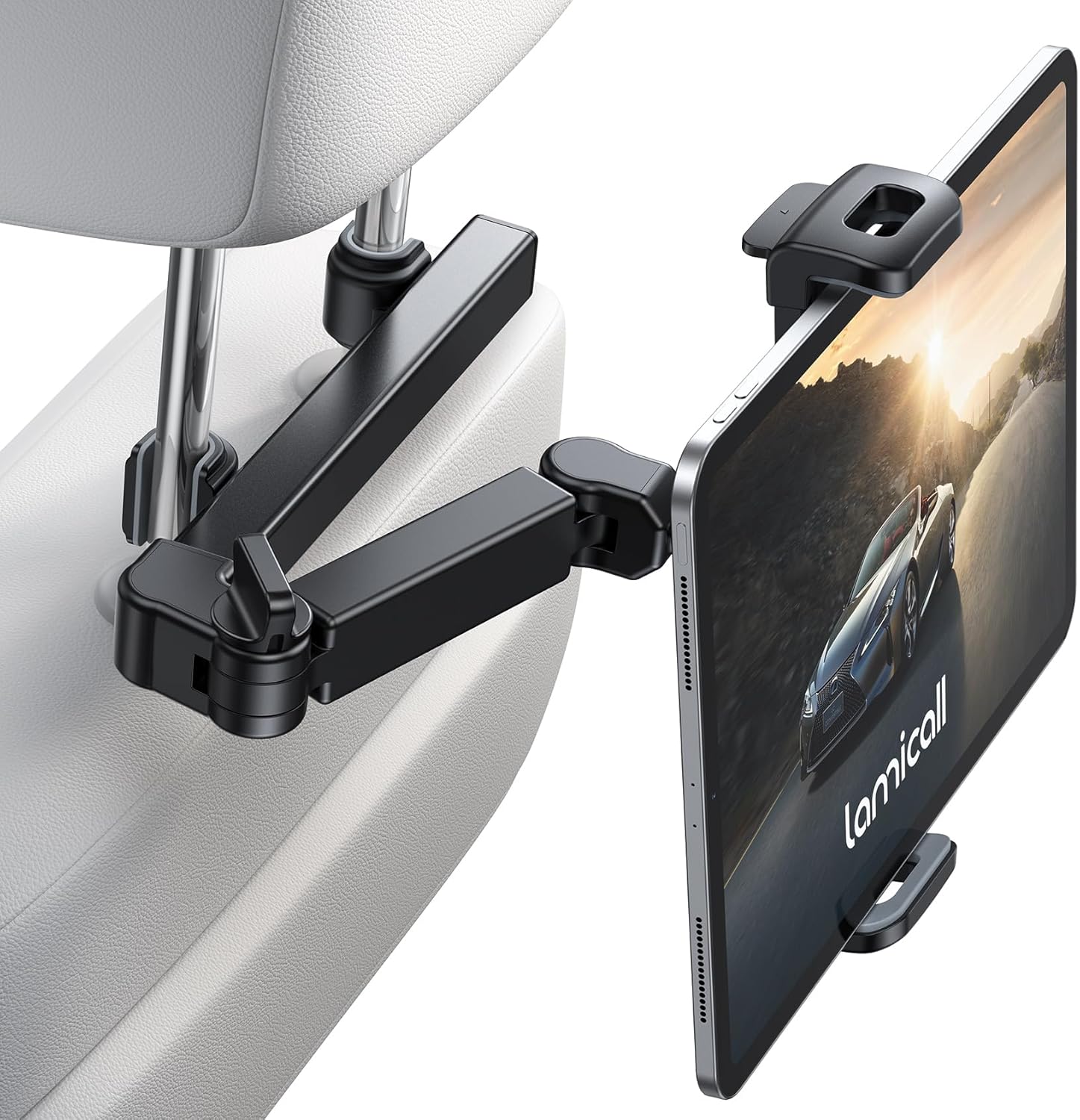 Lamicall car headrest tablet holder front view holding an iPad in the backseat of a car.