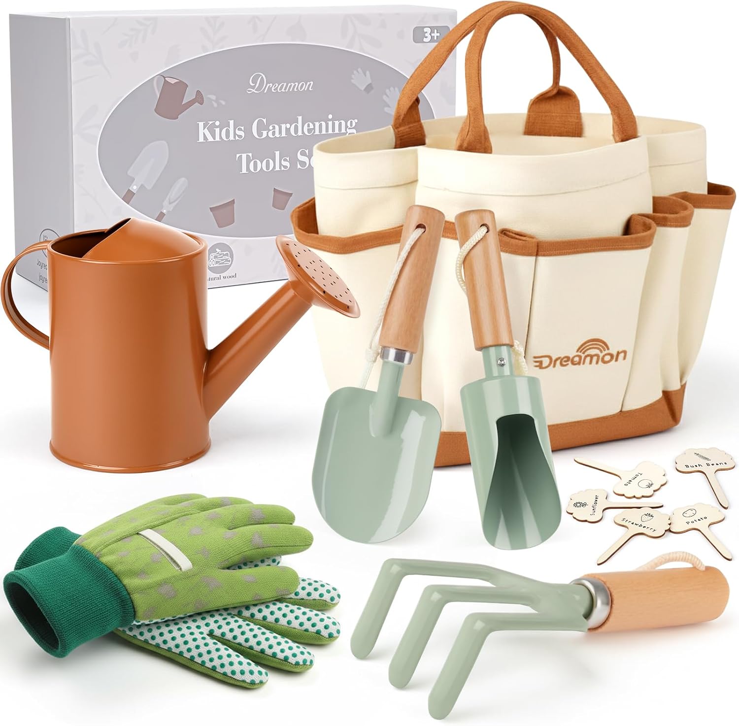 Dreamon kids gardening set toy kit pink front view showcasing canvas tote bag and metal tools