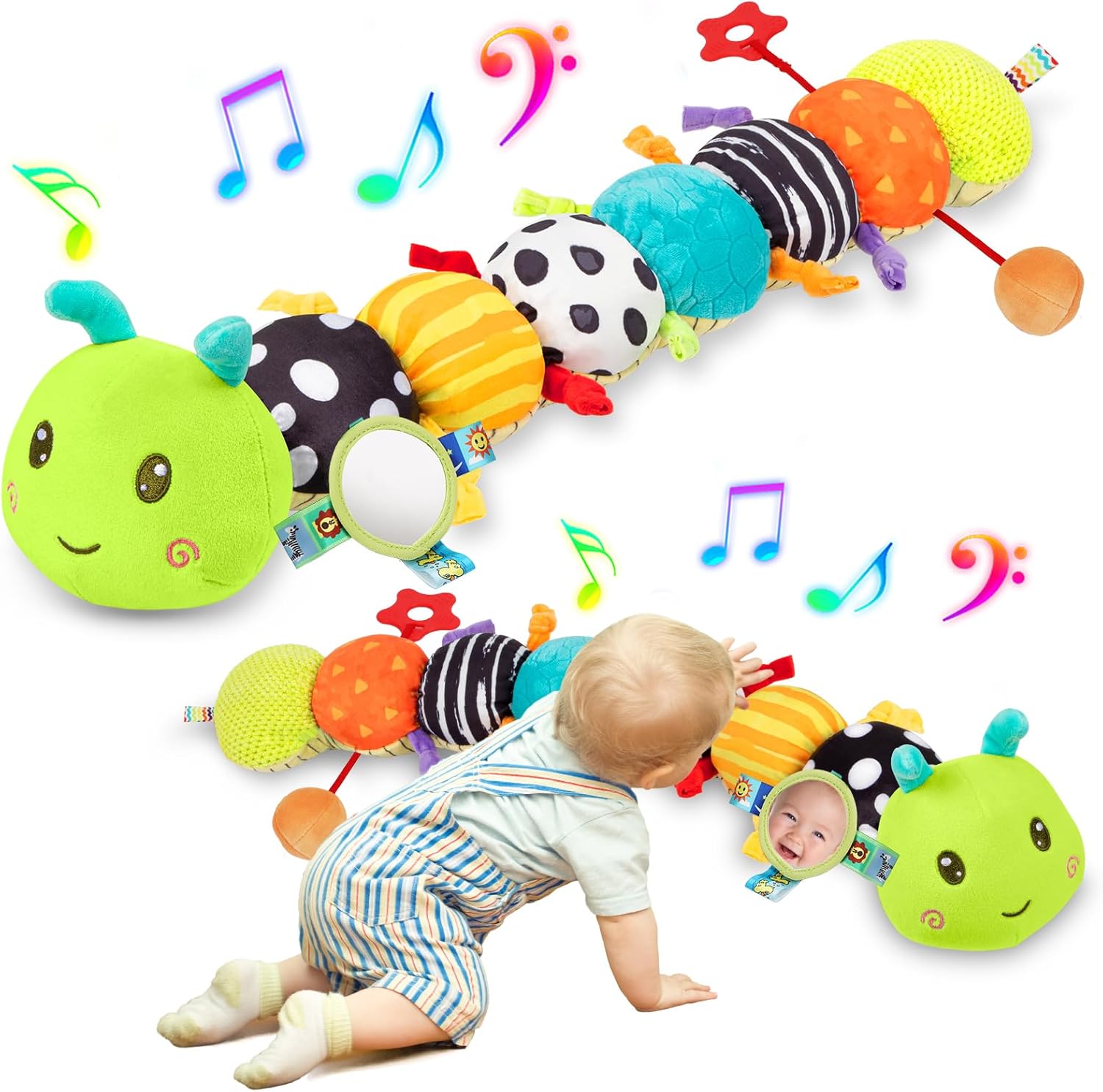Cahilon baby sensory musical plush caterpillar toy front view showcasing bright colorful segments for infant visual development.