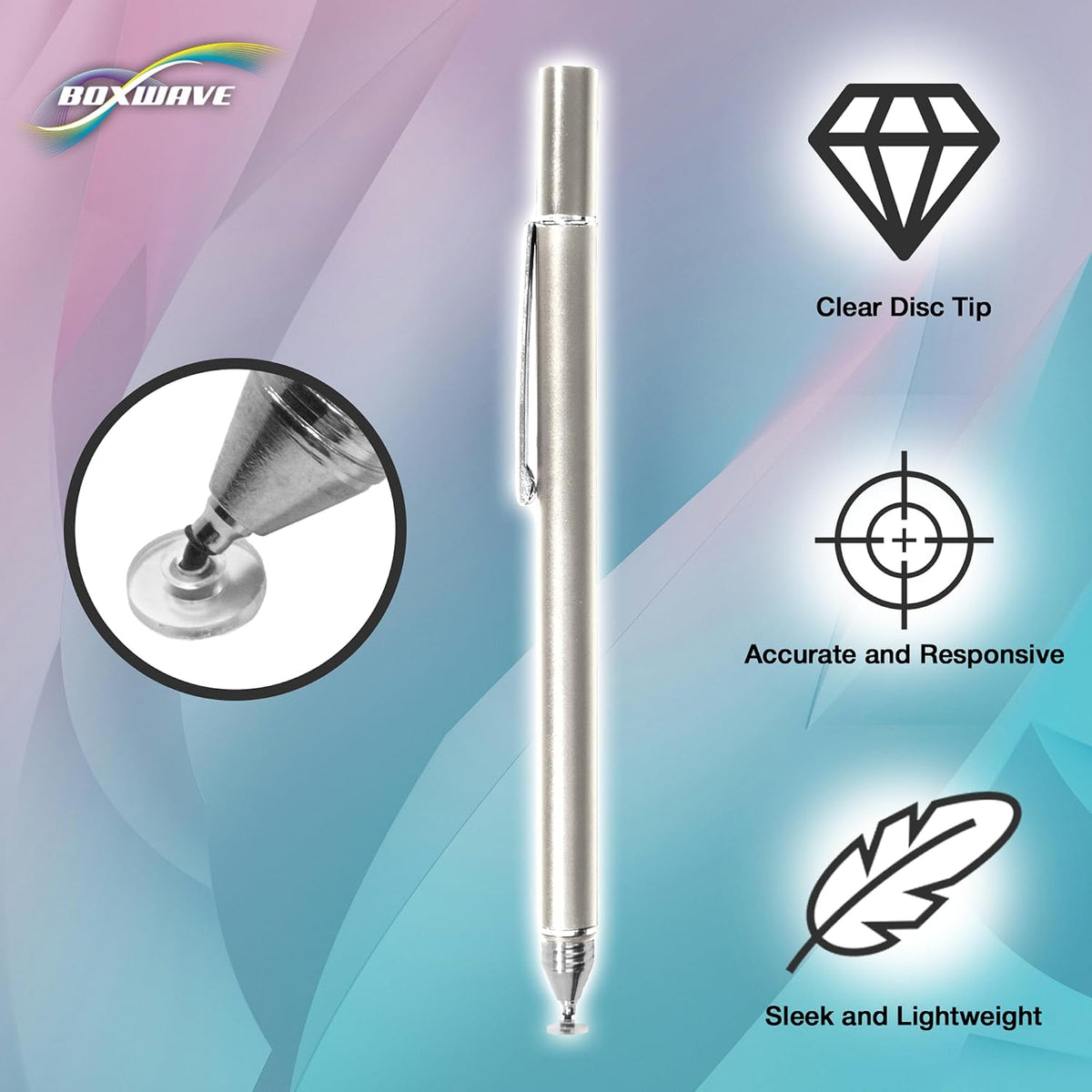 BoxWave metallic silver stylus showing built-in metal clip