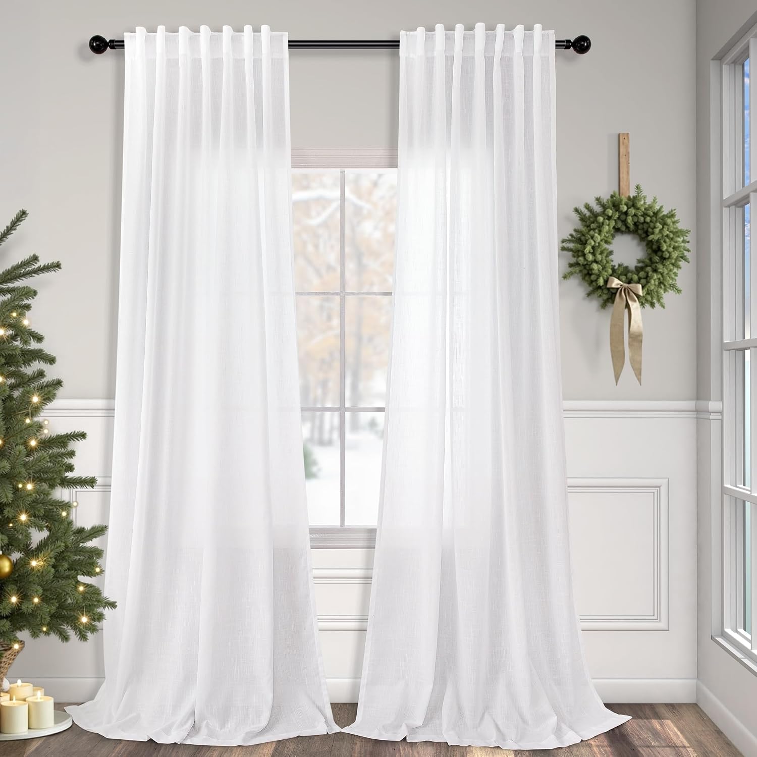 Pitalk White Linen Sheer Drape 104 Inch Curtains front view in modern living room