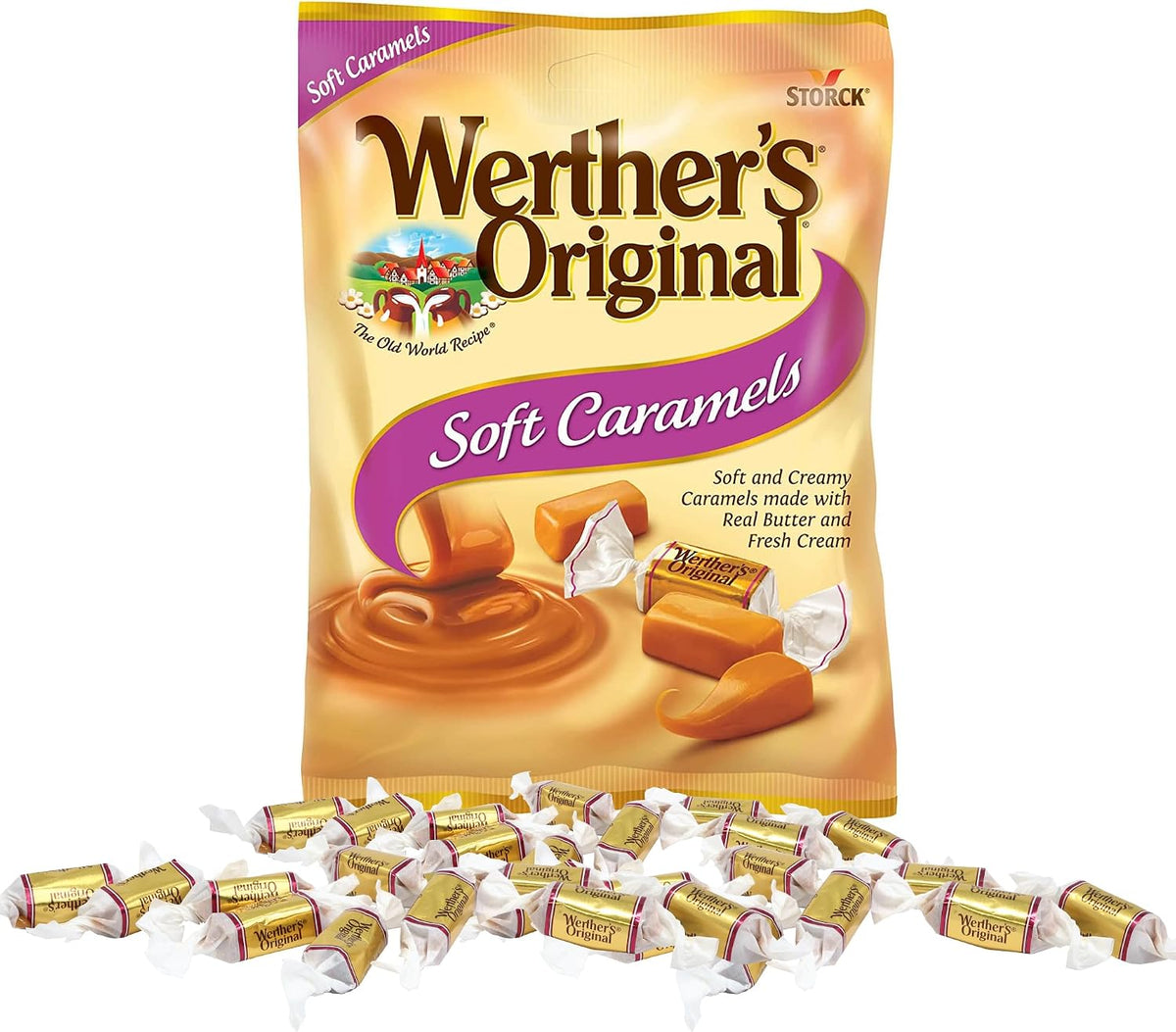 Close up shot of a rich and chewy Werther's soft caramel candy piece.