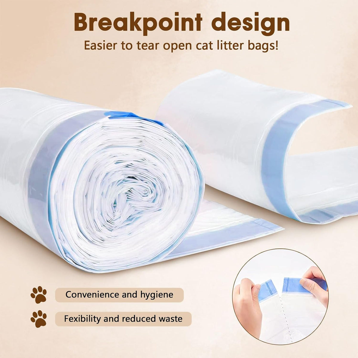 BCHARYA 15 liter capacity cat waste receptacle bags being pulled from a tight smooth roll.