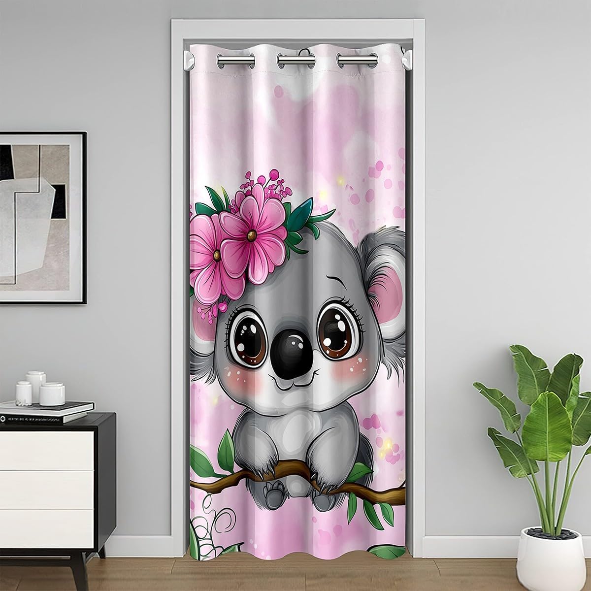 Erosebridal cartoon koala door curtain front view showcasing the cute animal and floral print.