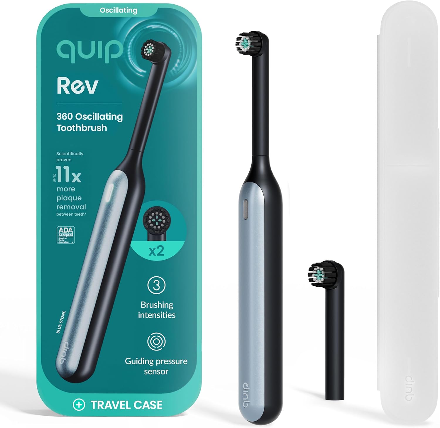Quip 360 oscillating rechargeable electric toothbrush in blue stone front view showing sleek handle