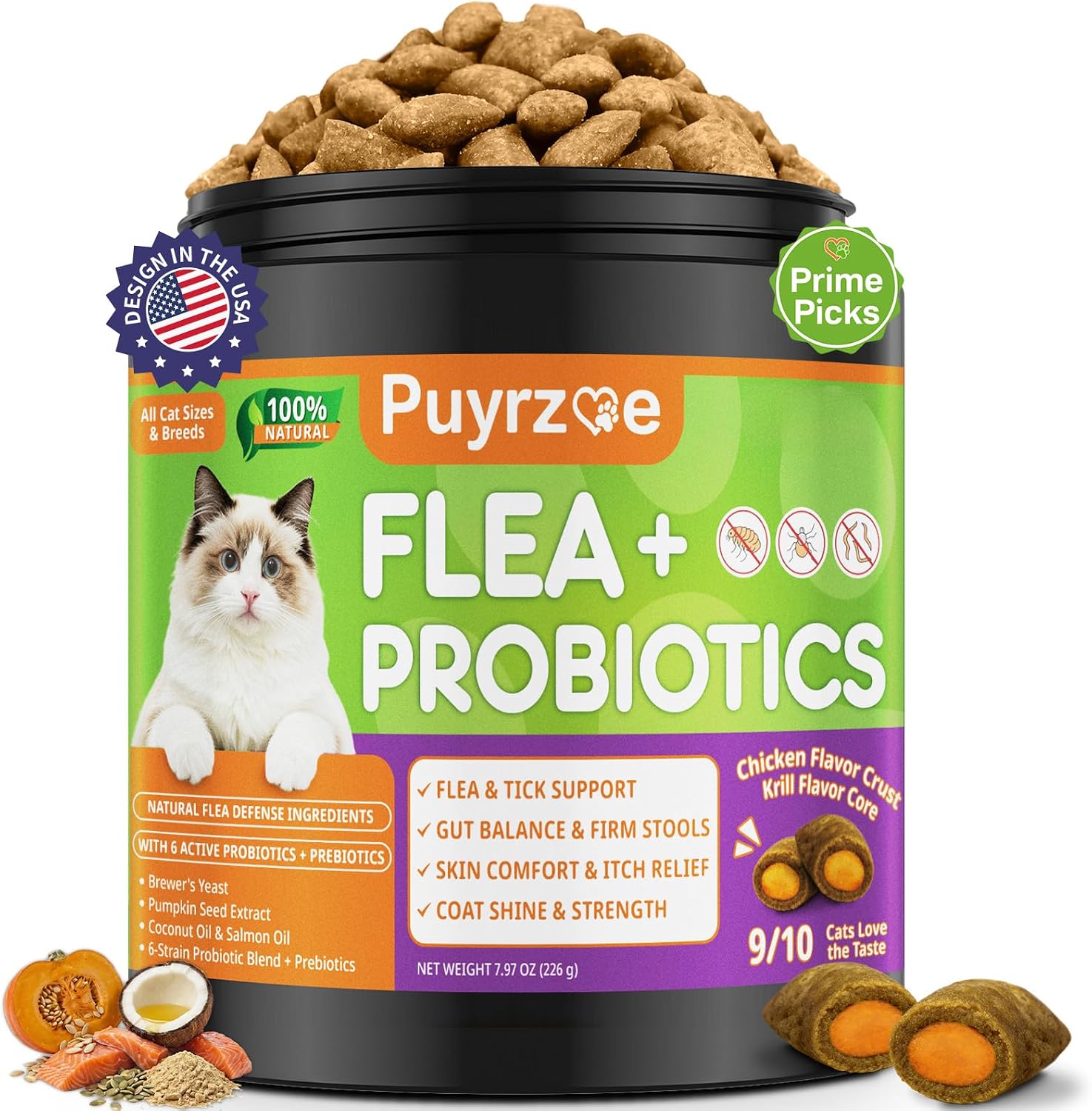Puyrzoe natural flea and tick prevention cat chews front view bottle