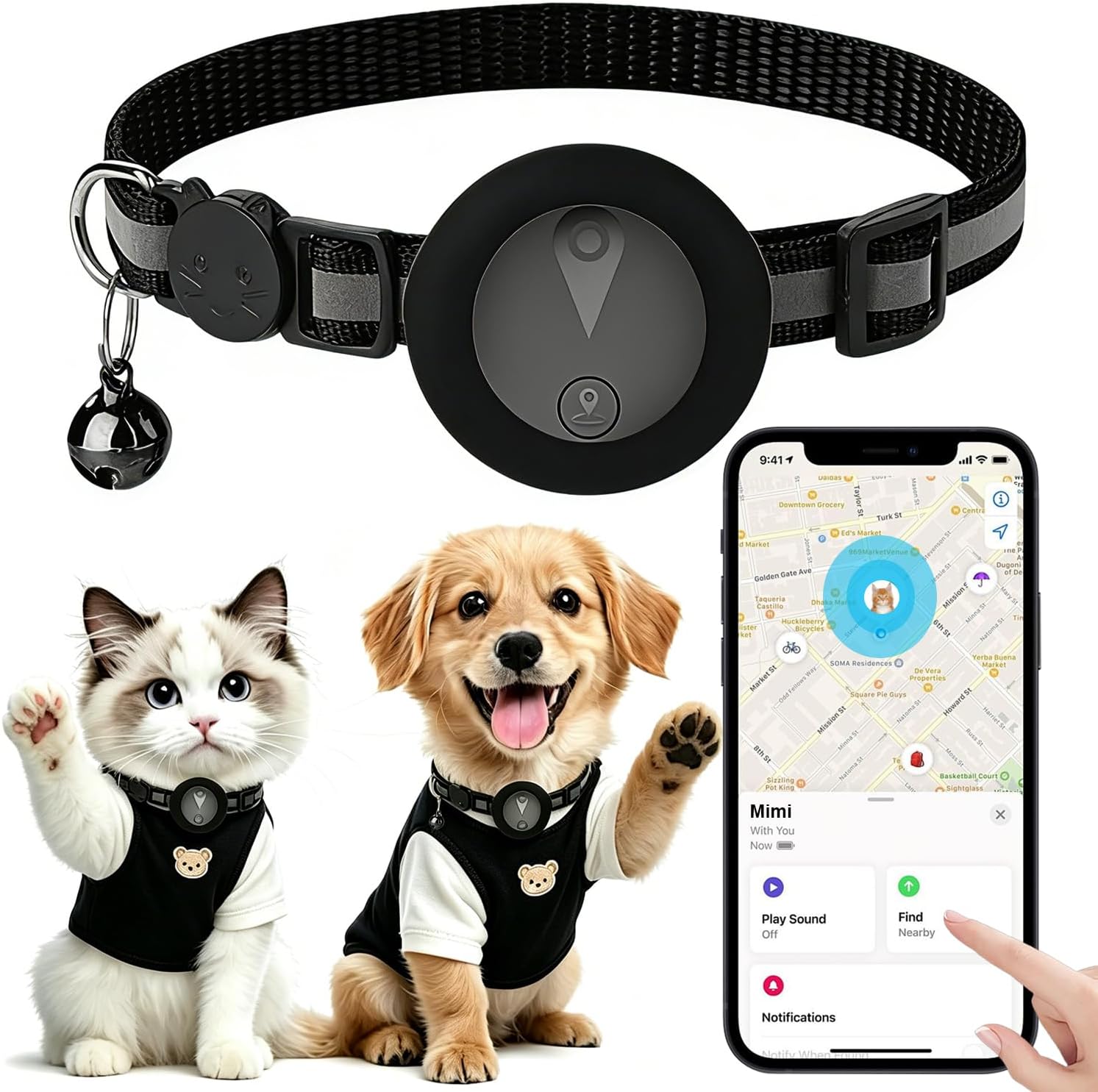 Focushine pet GPS tracker collar front view smart location tag for dogs