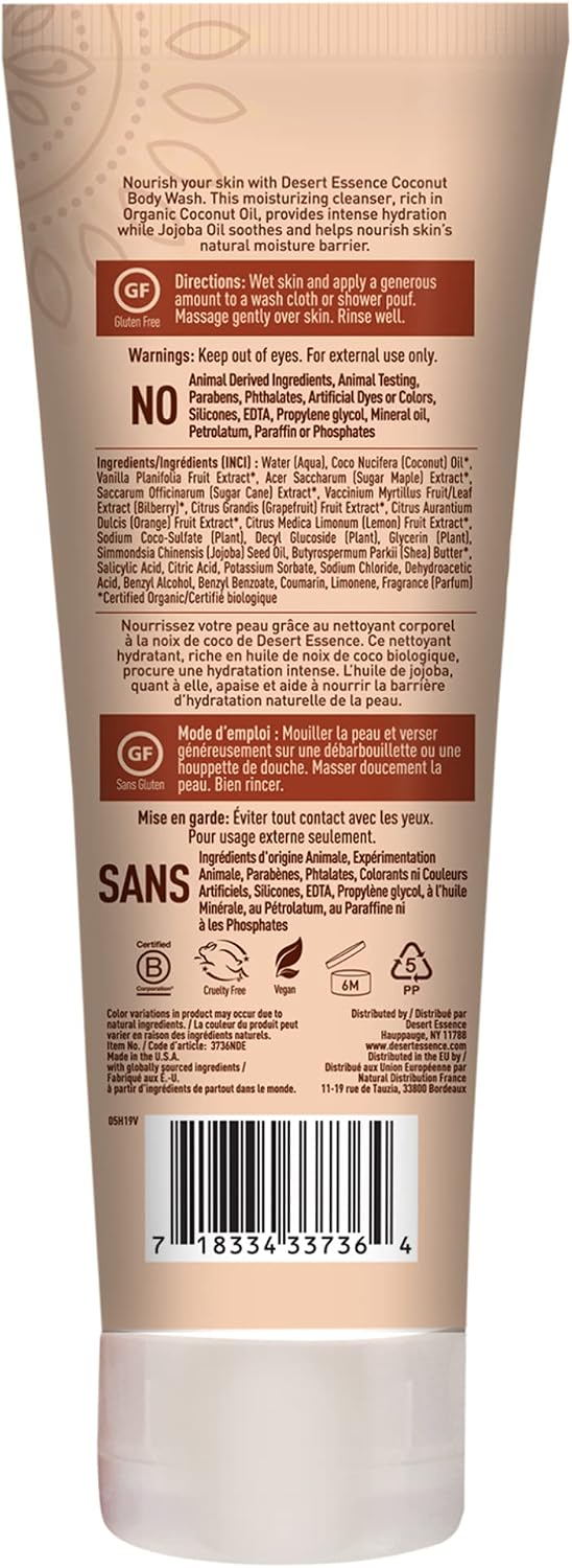 Desert Essence Coconut Body Wash ingredients highlights showing jojoba oil and coconut oil
