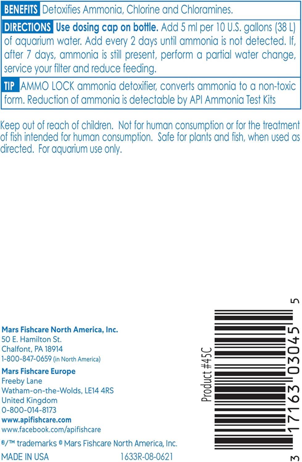 API water treatment bottle back label with directions