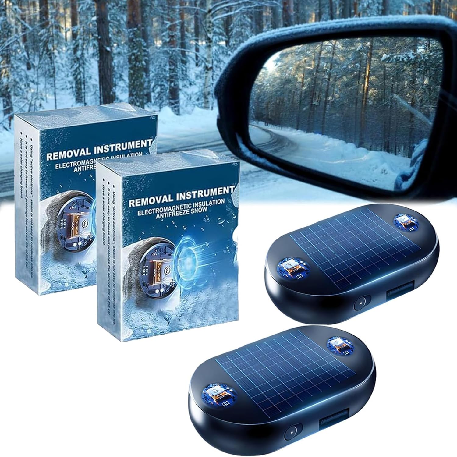Generic solar electromagnetic molecular interference antifreeze snow remover front view on vehicle dashboard