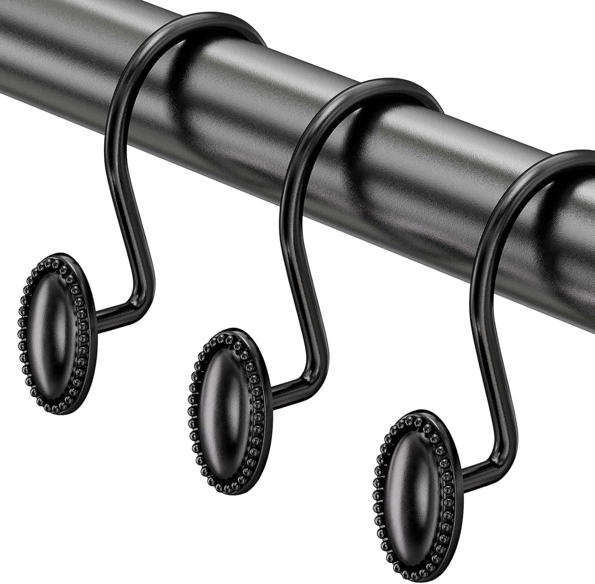 AmazerBath black shower curtain hooks front view showing modern elliptical design for bathroom decor.