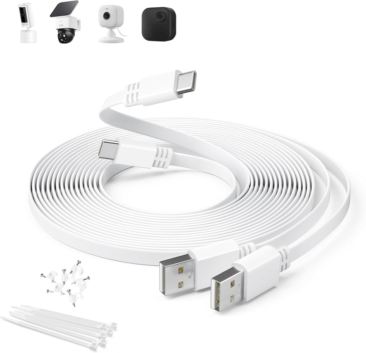 Itramax flat USB C extension cable two pack front view showcasing the white flat design and right angle connectors.