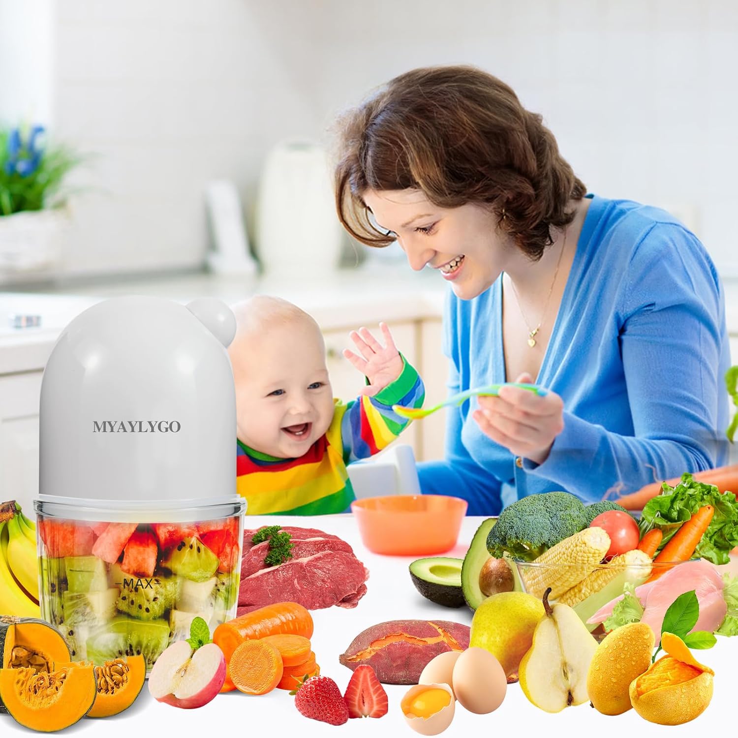 MYAYLYGO baby food processor front view showing white power base and clear glass bowl