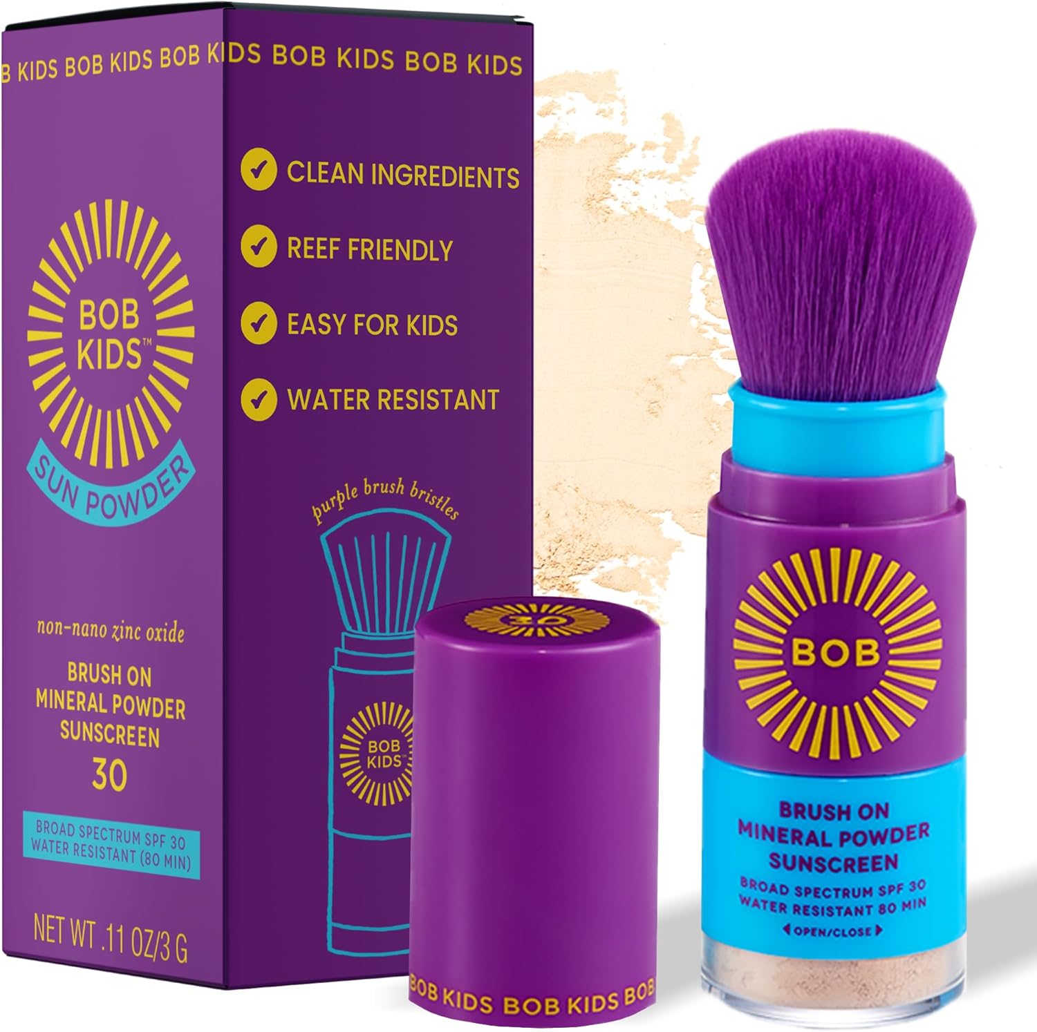BOB KIDS SPF 30 Brush On Mineral Powder Sunscreen, Broad Spectrum Protection, Water Resistant 80 Mins, Fragrance Free, Easy to Apply for Kids & Babies, Mfg in USA - Image 1