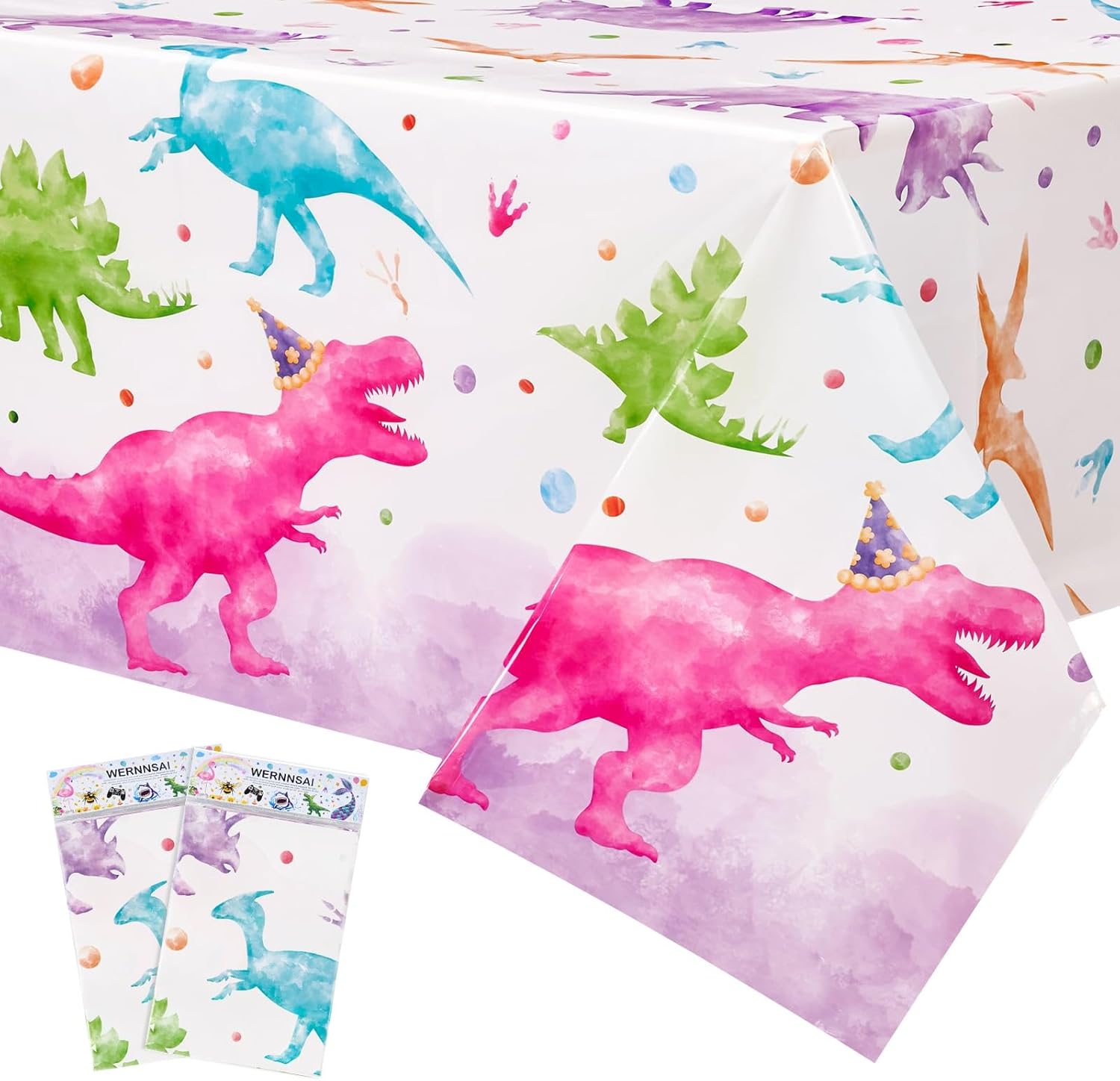 WERNNSAI pink dinosaur birthday tablecloth 2 pack laid flat on a rectangular party table view