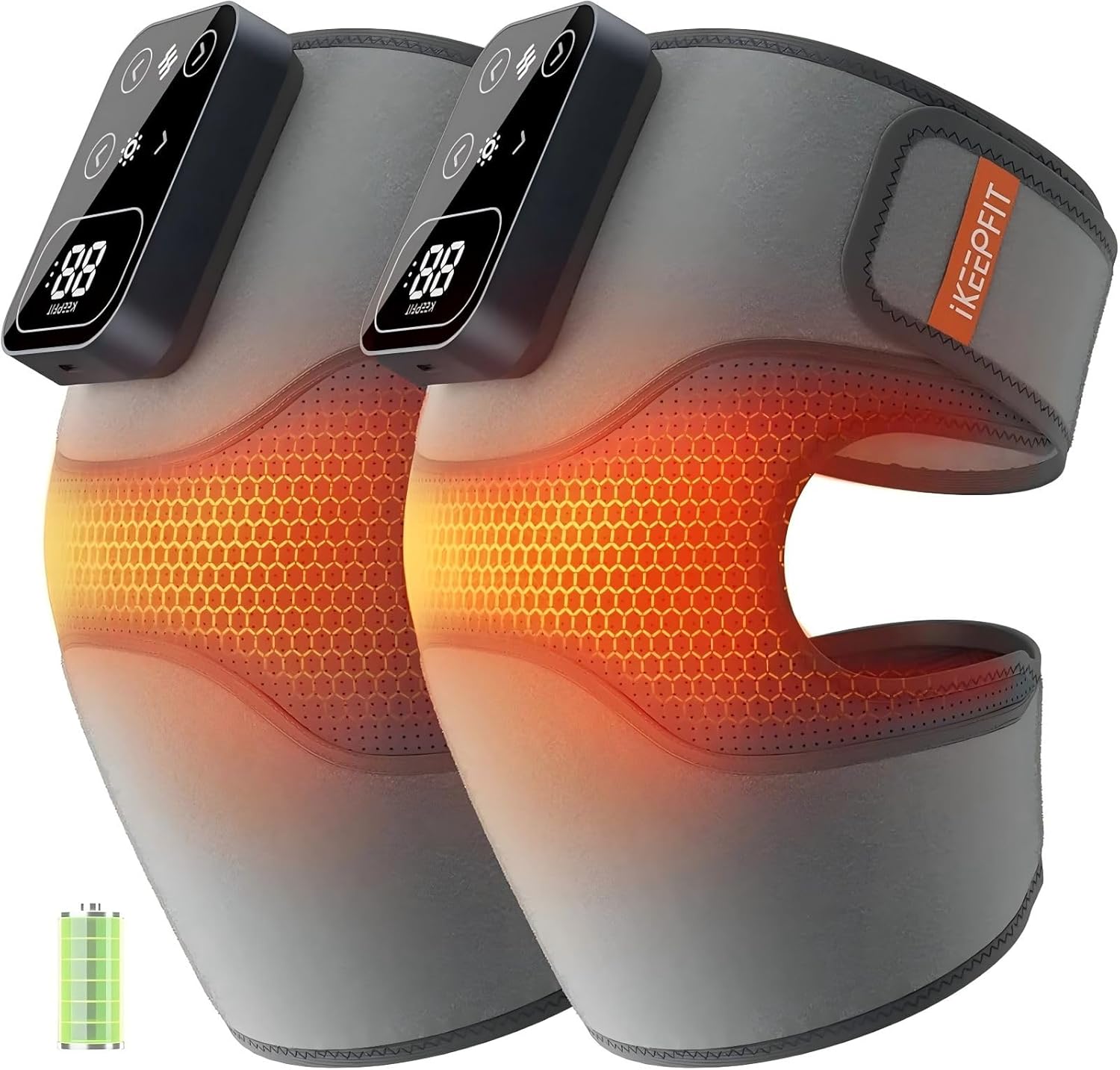 IKEEPFIT Cordless Knee Massager front view showing grey fabric design with digital display panel.