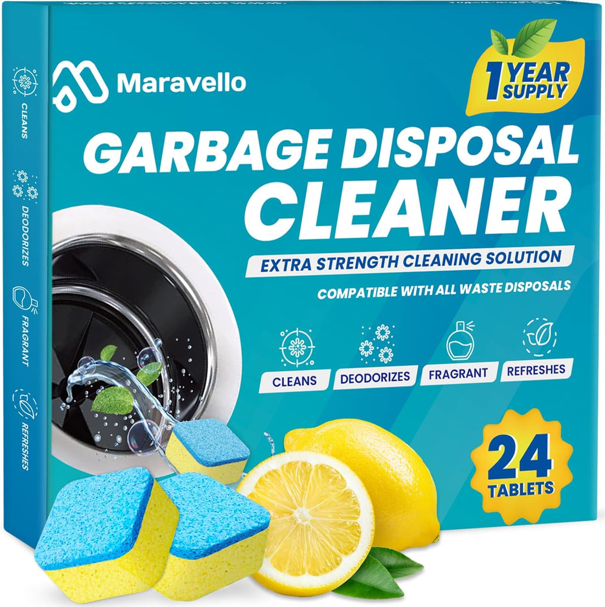 Active Maravello garbage disposal cleaner 24 tablets front view