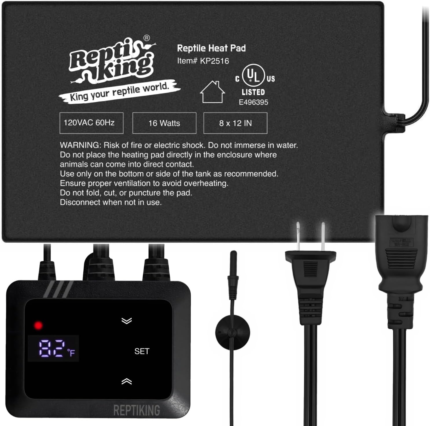 ReptiKing reptile heat pad 16W front view with digital PID dimming thermostat controller.