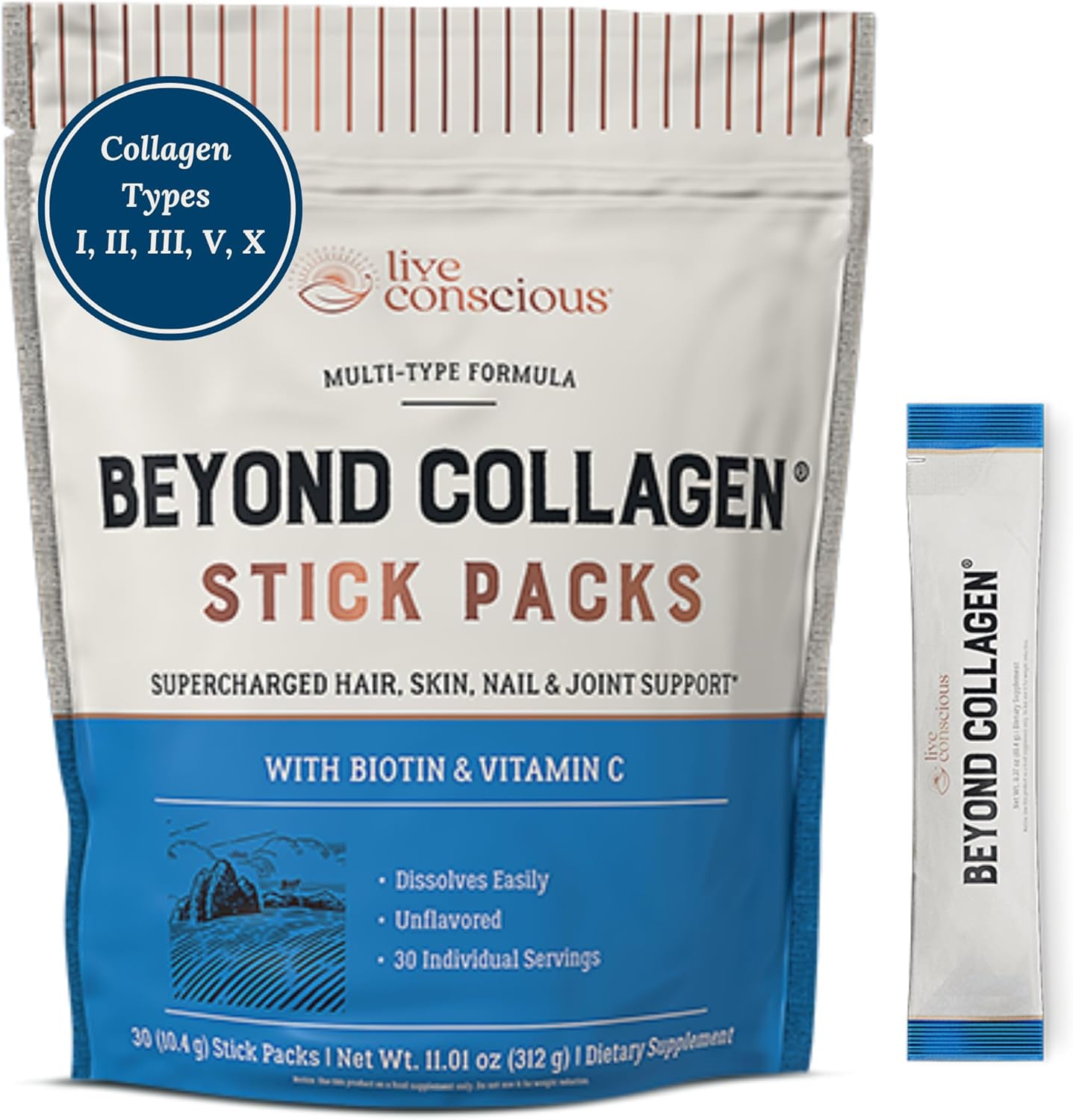 Live Conscious Beyond Collagen Peptides Powder Unflavored Packets - Hydrolyzed Collagen Powder - Hair Skin Nail & Joint Support - Multi Type Collagen Supplements for Women & Men - Image 1