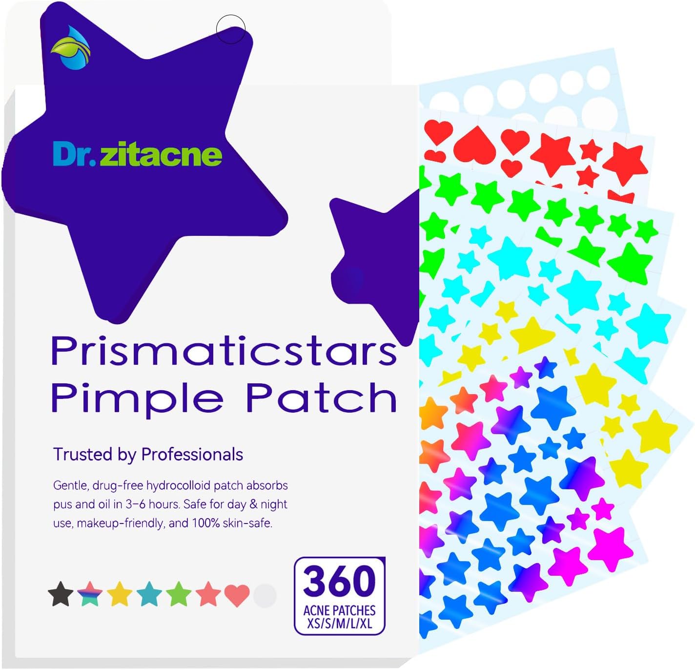 Dr. Zitacne Prismaticstars Hydrocolloid Acne Patches packaging front view showcasing colorful star stickers.