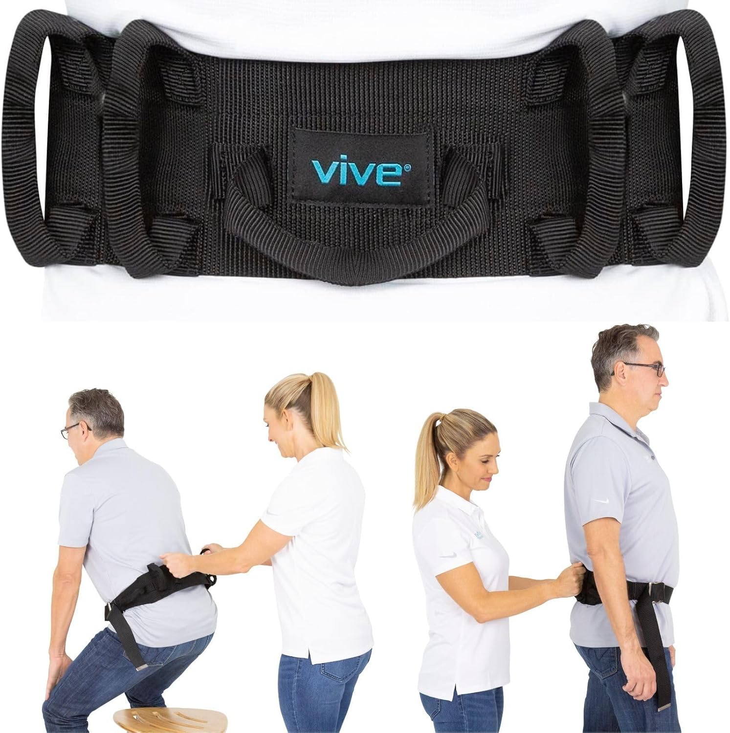 Vive gait belt front view with handles and metal buckle