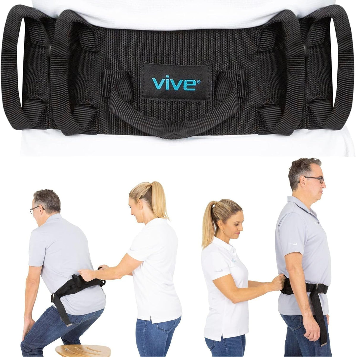 Vive gait belt front view with handles and metal buckle