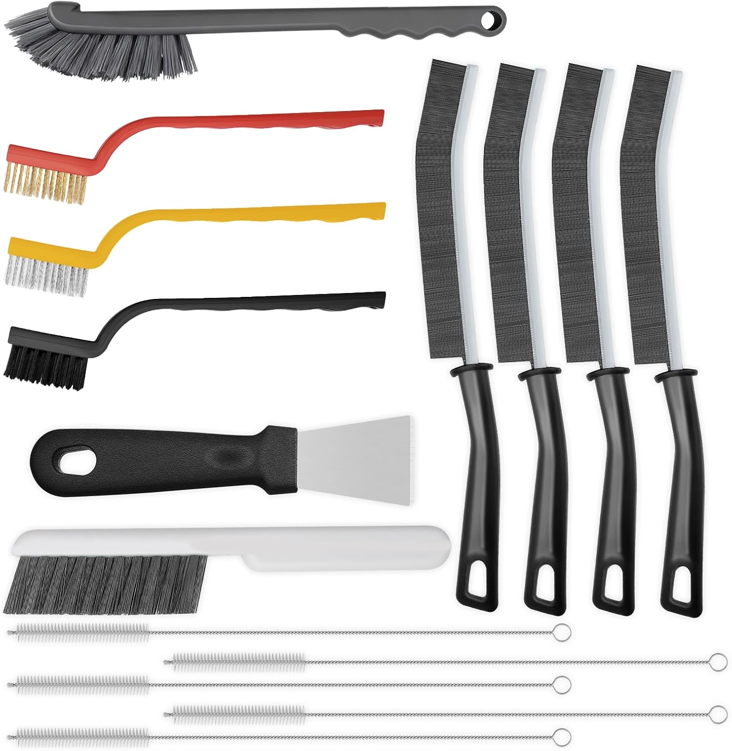 AONEZ fifteen piece crevice cleaning brush set front view showing assorted detailing scrapers and grout tools